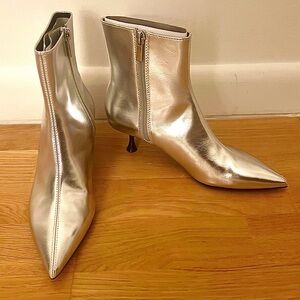 ZARA NEW Silver Metallic Leather Kitten Heel Ankle Boots Booties NEW - 36